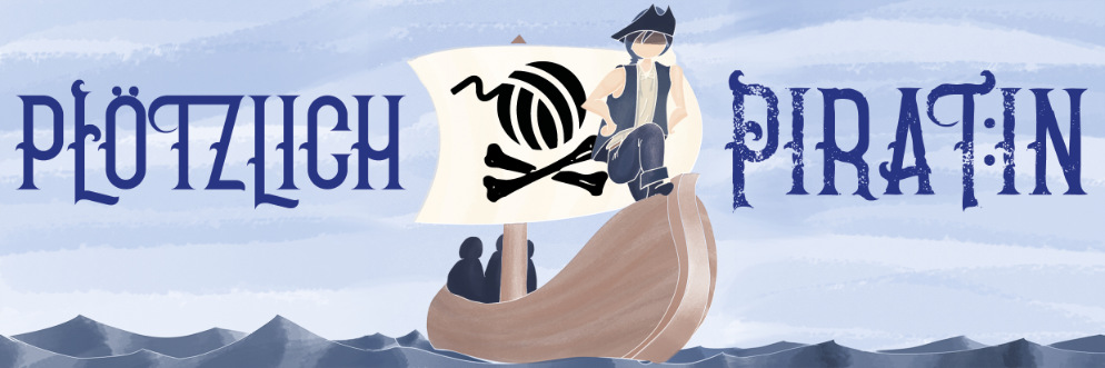 Das Cover von Plötzlich Pirat:in mit "Sam" auf einem Schiff und einem Segel mit Wollknäuel drauf