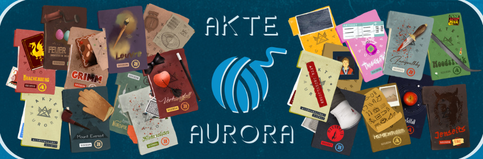 Cover von Akte Aurora. In der Mitte ist das Lanoinc-Wollknäuel und darum verschiedene Akten und der Schriftzug Akte Aurora.